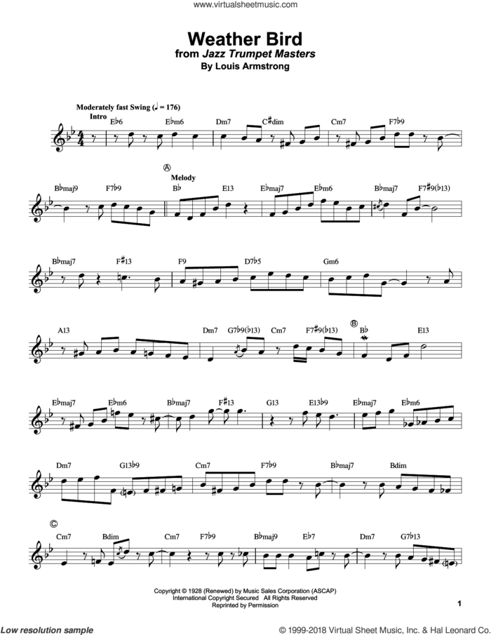 Weather Bird sheet music for trumpet solo (transcription) by Louis Armstrong and Nicolas Payton, intermediate trumpet (transcription)