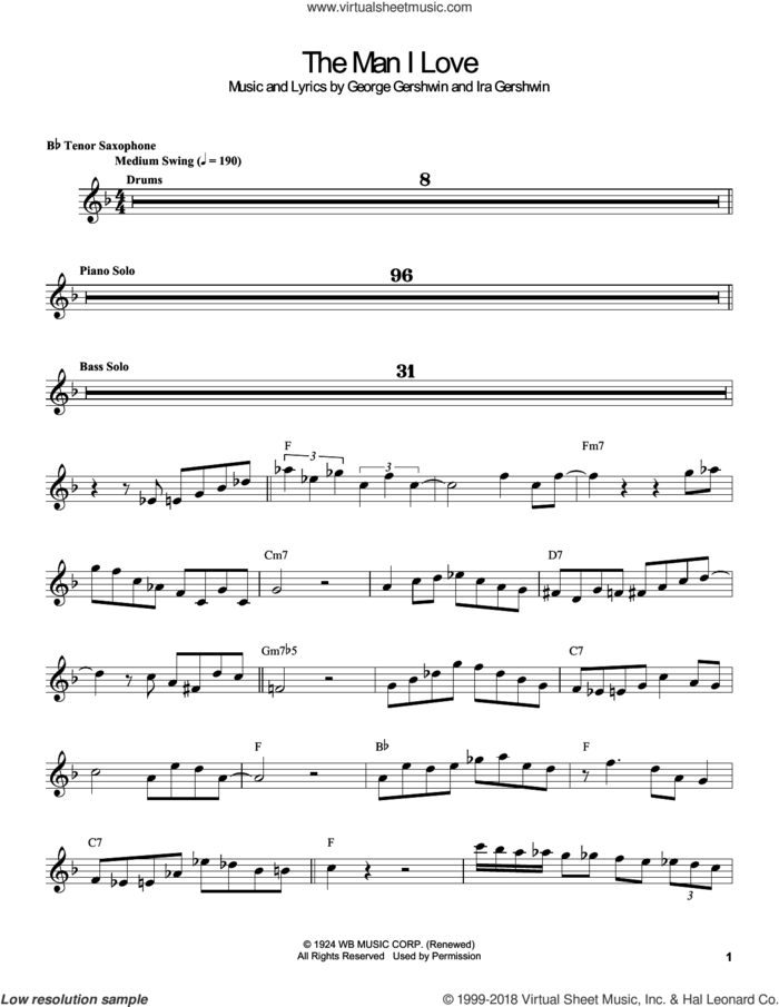 The Man I Love sheet music for tenor saxophone solo (transcription) by Coleman Hawkins, George Gershwin and Ira Gershwin, intermediate tenor saxophone (transcription)
