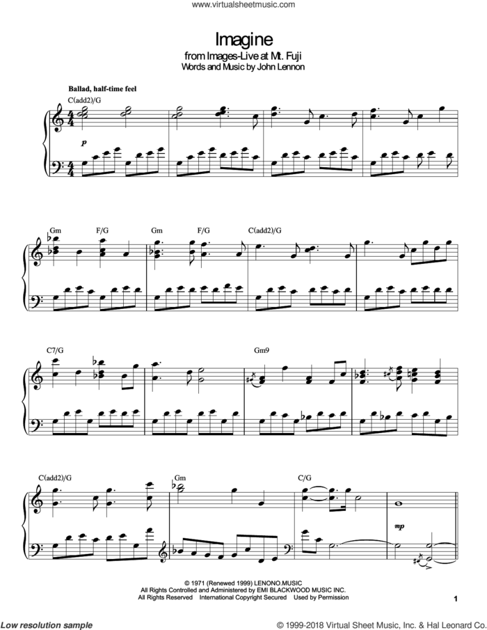 Imagine sheet music for piano solo (transcription) by Gonzalo Rubalcaba and John Lennon, intermediate piano (transcription)
