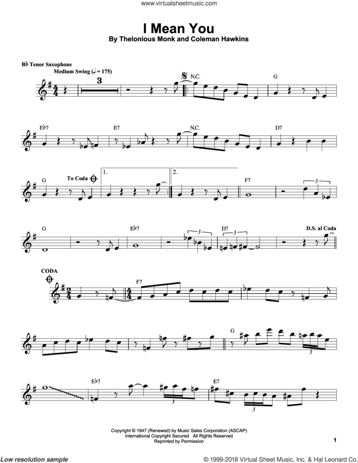 I Mean You sheet music for tenor saxophone solo (transcription) by Coleman Hawkins and Thelonious Monk, intermediate tenor saxophone (transcription)
