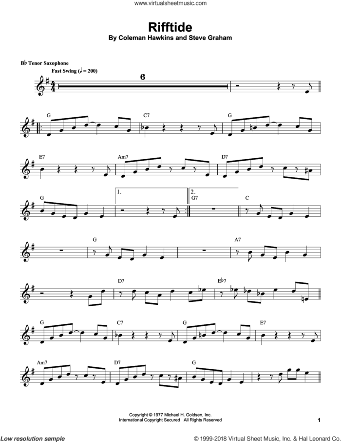 Rifftide sheet music for tenor saxophone solo (transcription) by Coleman Hawkins, intermediate tenor saxophone (transcription)