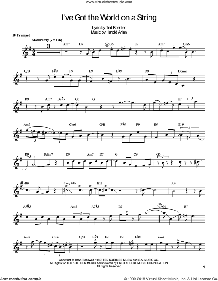 I've Got The World On A String sheet music for trumpet solo (transcription) by Louis Armstrong, Harold Arlen and Ted Koehler, intermediate trumpet (transcription)