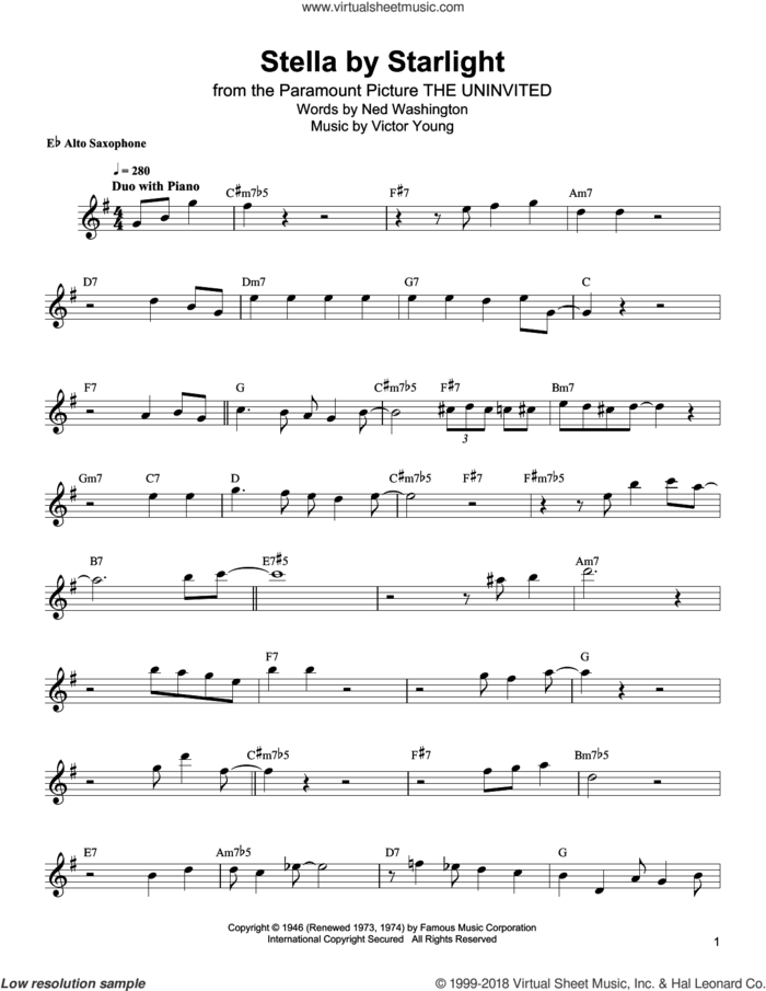 Stella By Starlight sheet music for alto saxophone (transcription) by Bud Shank, Ned Washington and Victor Young, intermediate skill level