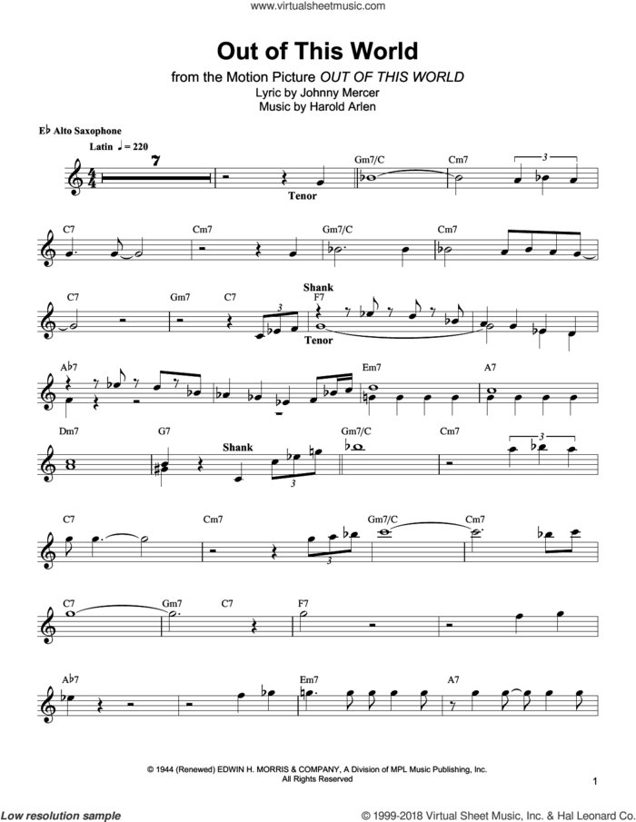 Out Of This World sheet music for alto saxophone (transcription) by Bud Shank, Harold Arlen and Johnny Mercer, intermediate skill level