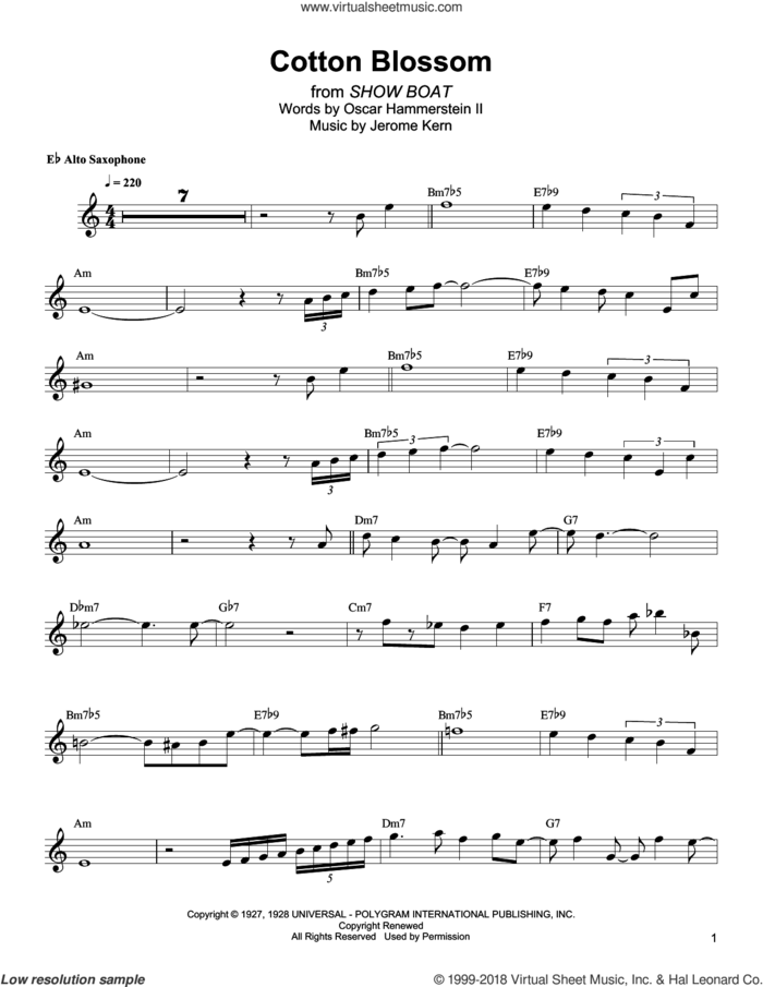 Cotton Blossom sheet music for alto saxophone (transcription) by Bud Shank, Jerome Kern and Oscar II Hammerstein, intermediate skill level