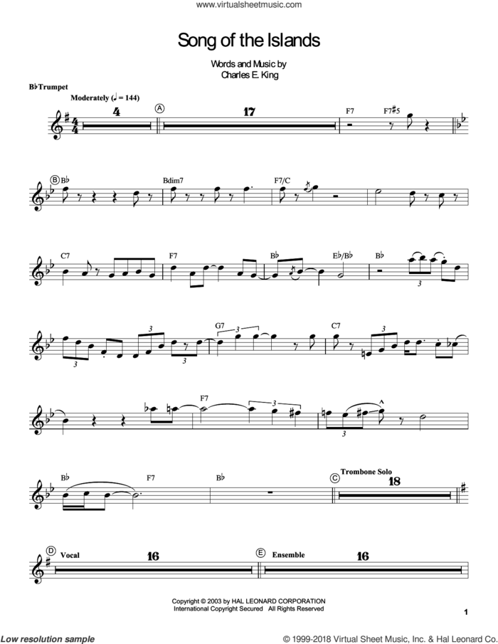 Song Of The Islands sheet music for trumpet solo (transcription) by Louis Armstrong and Charles E. King, intermediate trumpet (transcription)