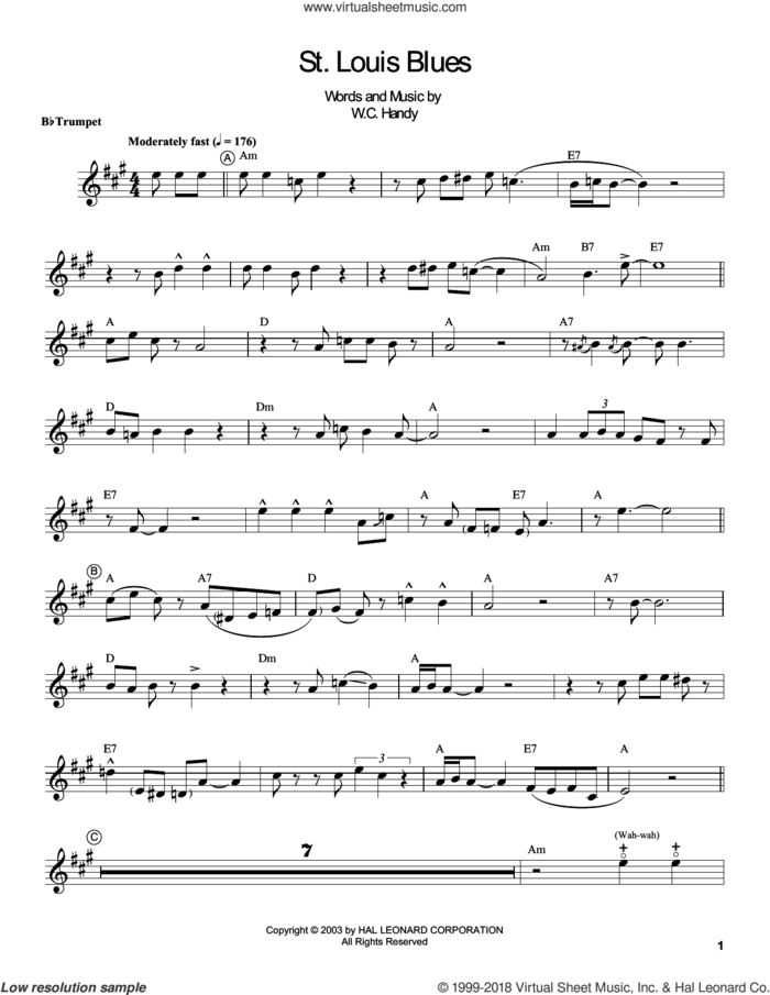 St. Louis Blues sheet music for trumpet solo (transcription) by Louis Armstrong and W.C. Handy, intermediate trumpet (transcription)