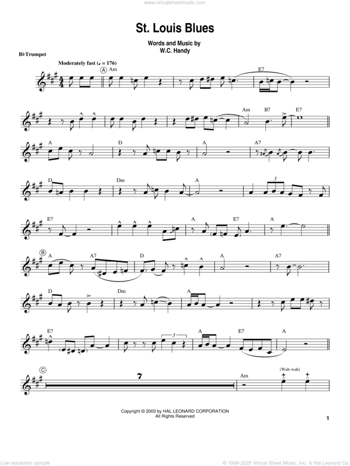 St. Louis Blues sheet music for trumpet solo (transcription) by Louis Armstrong and W.C. Handy, intermediate trumpet (transcription)