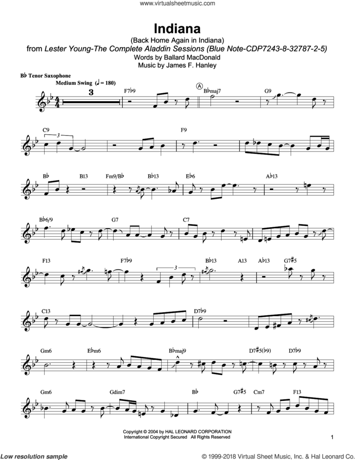 Indiana (Back Home Again In Indiana) sheet music for tenor saxophone solo (transcription) by Lester Young, Ballard MacDonald and James Hanley, intermediate tenor saxophone (transcription)