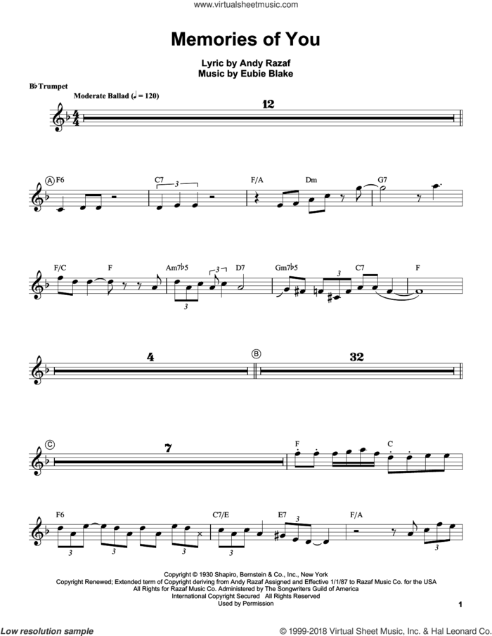 Memories Of You sheet music for trumpet solo (transcription) by Louis Armstrong, Andy Razaf and Eubie Blake, intermediate trumpet (transcription)