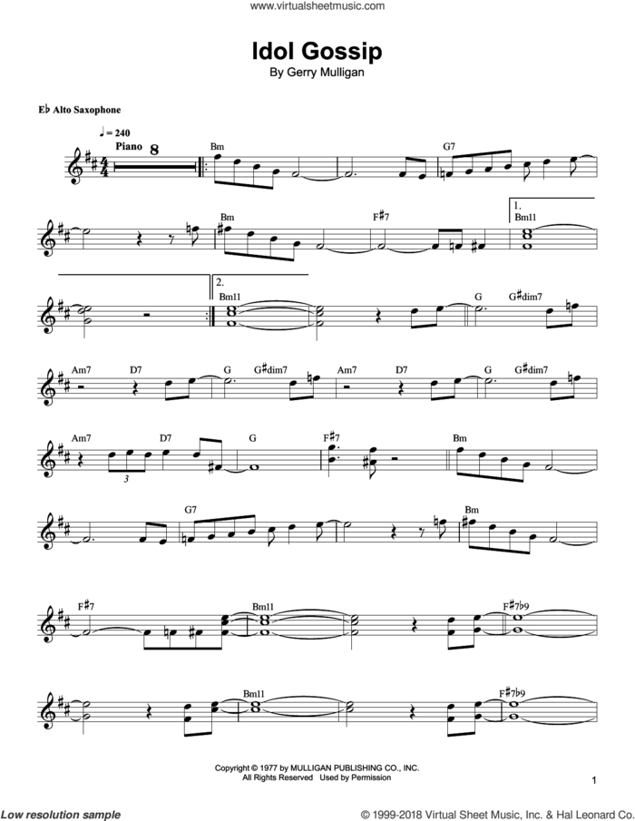 Idol Gossip sheet music for alto saxophone (transcription) by Bud Shank and Gerry Mulligan, intermediate skill level