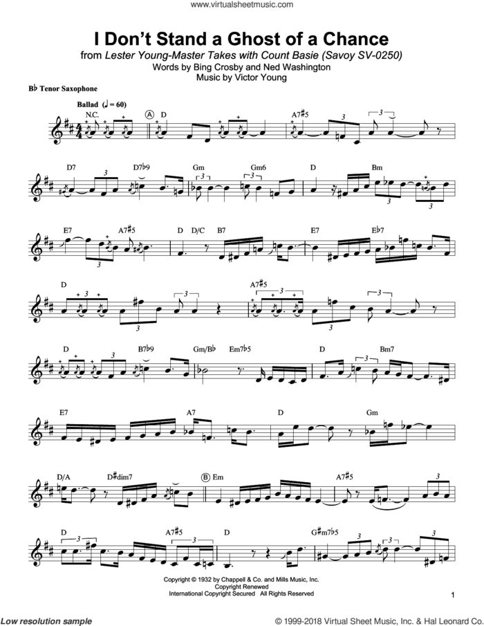 I Don't Stand A Ghost Of A Chance With You sheet music for tenor saxophone solo (transcription) by Lester Young, Bing Crosby, Ned Washington and Victor Young, intermediate tenor saxophone (transcription)
