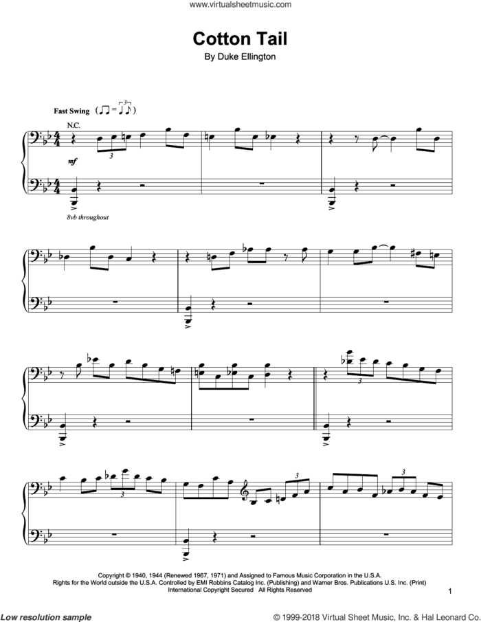 Cotton Tail sheet music for piano solo (transcription) by Oscar Peterson and Duke Ellington, intermediate piano (transcription)
