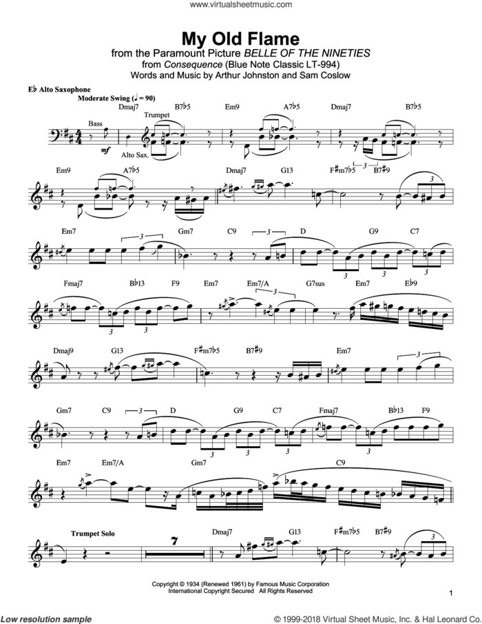 My Old Flame sheet music for alto saxophone (transcription) by Jackie McLean, Arthur Johnston and Sam Coslow, intermediate skill level