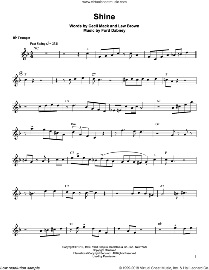 Shine sheet music for trumpet solo (transcription) by Louis Armstrong, Cecil Mack, Ford Dabney and Lew Brown, intermediate trumpet (transcription)