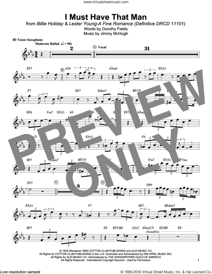 I Must Have That Man sheet music for tenor saxophone solo (transcription) by Lester Young, Dorothy Fields and Jimmy McHugh, intermediate tenor saxophone (transcription)