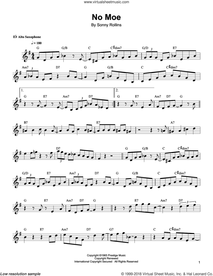 No Moe sheet music for alto saxophone (transcription) by Bud Shank and Sonny Rollins, intermediate skill level
