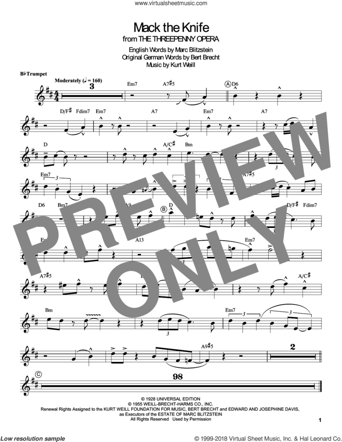 Mack The Knife sheet music for trumpet solo (transcription) by Louis Armstrong, Bertolt Brecht, Kurt Weill and Marc Blitzstein, intermediate trumpet (transcription)