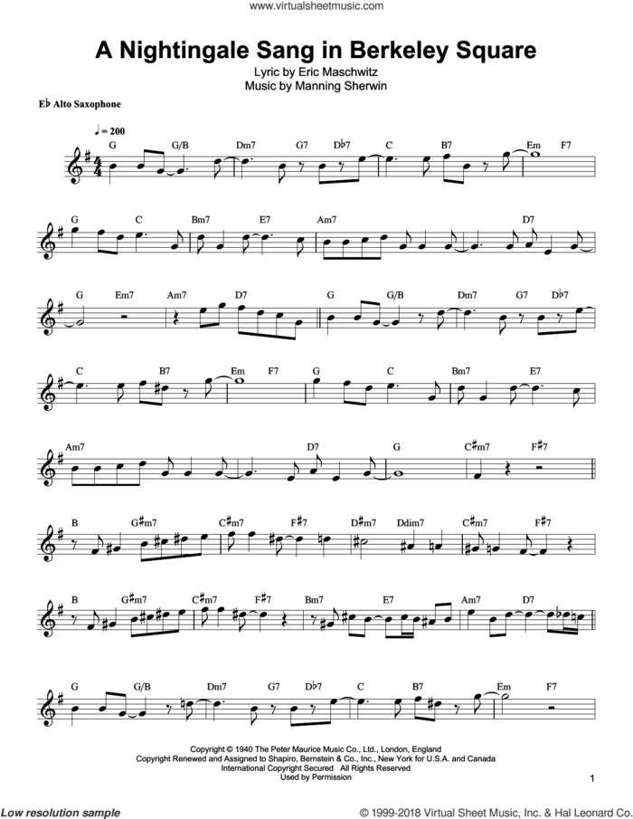 A Nightingale Sang In Berkeley Square sheet music for alto saxophone (transcription) by Bud Shank, Eric Maschwitz and Manning Sherwin, intermediate skill level