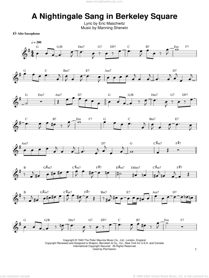 A Nightingale Sang In Berkeley Square sheet music for alto saxophone (transcription) by Bud Shank, Eric Maschwitz and Manning Sherwin, intermediate skill level