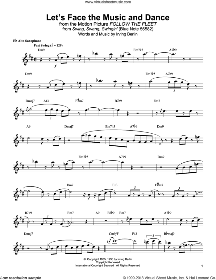 Let's Face The Music And Dance sheet music for alto saxophone (transcription) by Jackie McLean, Dick Hyman and Irving Berlin, intermediate skill level