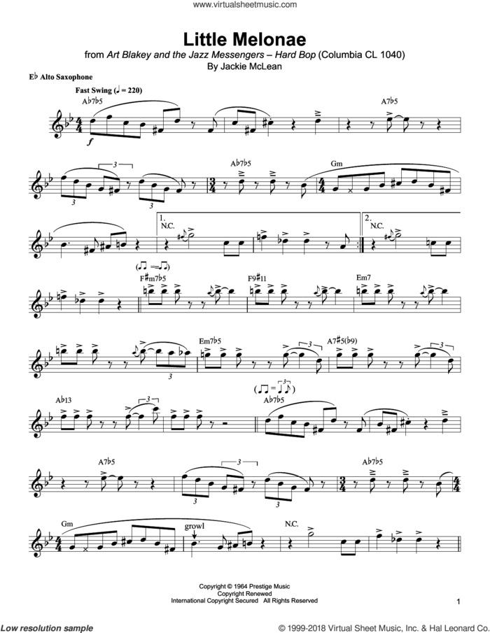Little Melonae sheet music for alto saxophone (transcription) by Jackie McLean, intermediate skill level