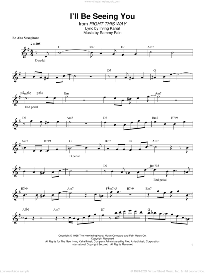 I'll Be Seeing You sheet music for alto saxophone (transcription) by Bud Shank, Irving Kahal and Sammy Fain, intermediate skill level