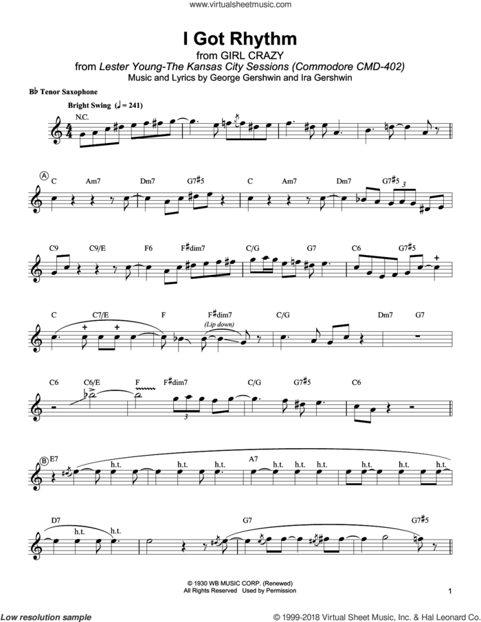 I Got Rhythm sheet music for tenor saxophone solo (transcription) by Lester Young, George Gershwin and Ira Gershwin, intermediate tenor saxophone (transcription)