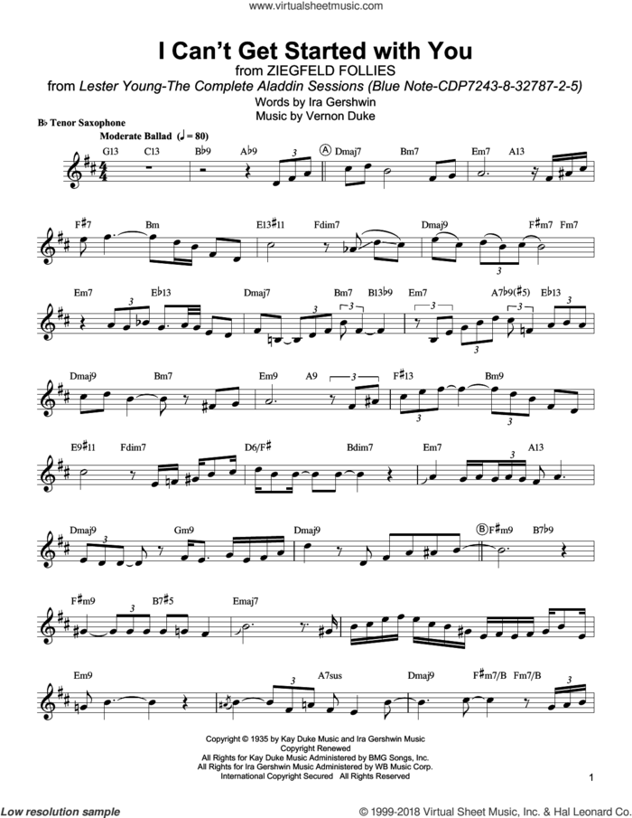 I Can't Get Started sheet music for tenor saxophone solo (transcription) by Lester Young, Ira Gershwin and Vernon Duke, intermediate tenor saxophone (transcription)