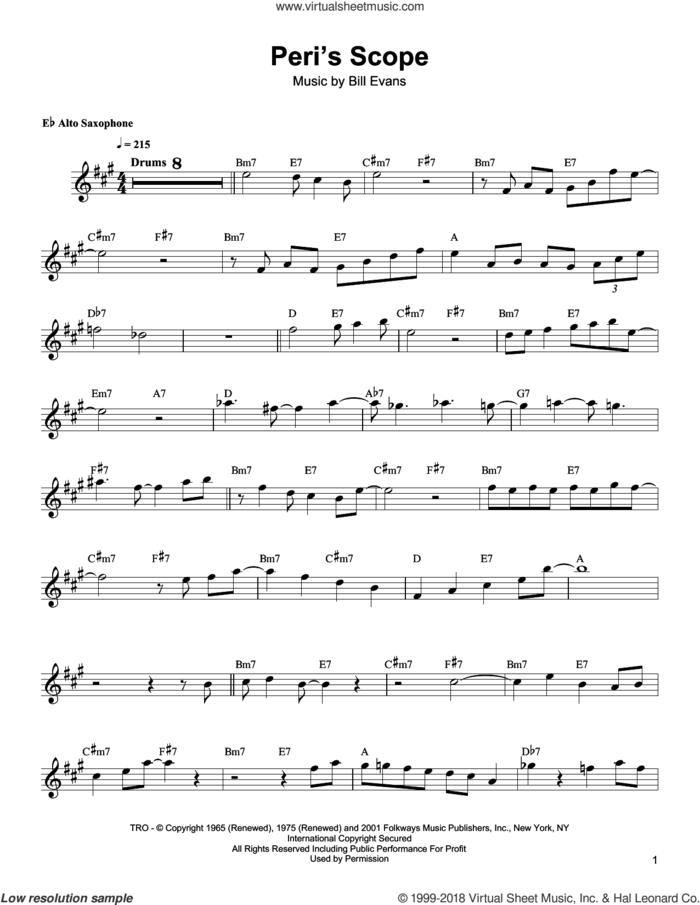 Peri's Scope sheet music for alto saxophone (transcription) by Bud Shank and Bill Evans, intermediate skill level
