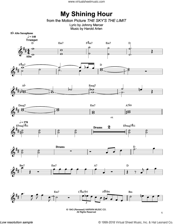 My Shining Hour sheet music for alto saxophone (transcription) by Bud Shank, Harold Arlen and Johnny Mercer, intermediate skill level