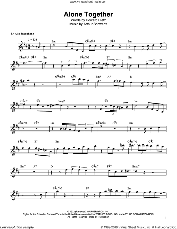 Alone Together sheet music for alto saxophone (transcription) by Bud Shank, Arthur Schwartz and Howard Dietz, intermediate skill level