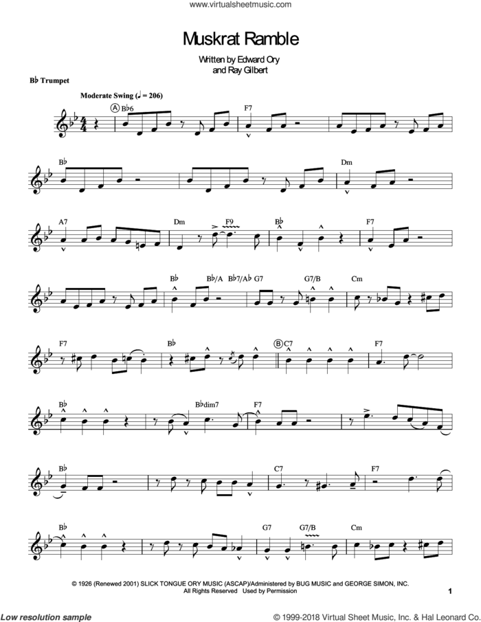 Muskrat Ramble sheet music for trumpet solo (transcription) by Louis Armstrong, Edward 'Kid' Ory and Ray Gilbert, intermediate trumpet (transcription)
