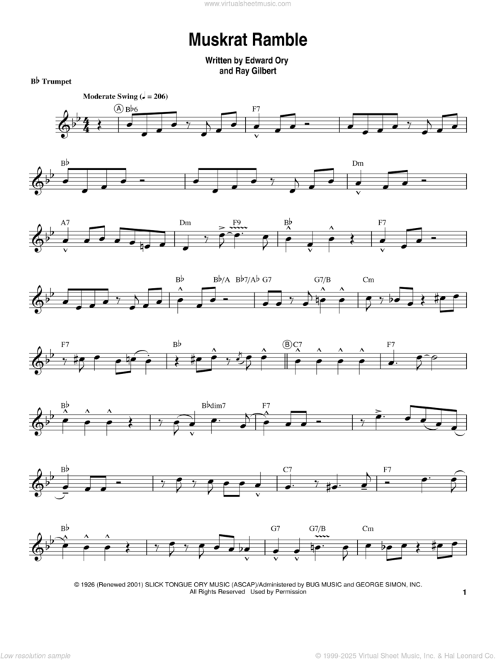 Muskrat Ramble sheet music for trumpet solo (transcription) by Louis Armstrong, Edward 'Kid' Ory and Ray Gilbert, intermediate trumpet (transcription)