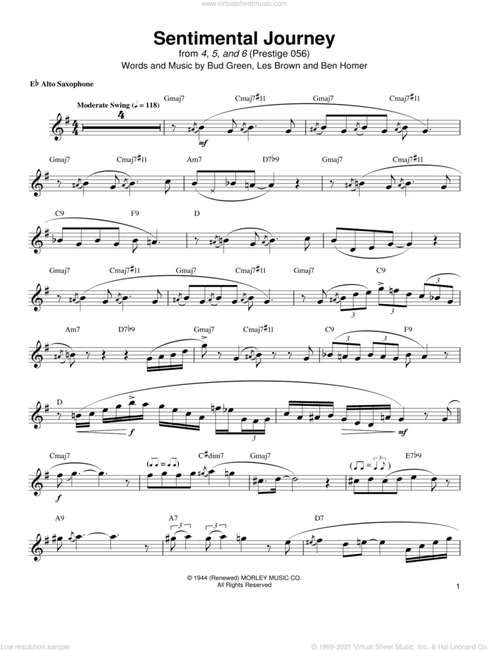 Sentimental Journey sheet music for alto saxophone (transcription) by Jackie McLean, Ben Homer, Bud Green and Les Brown, intermediate skill level