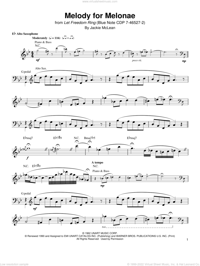 Melody For Melonae sheet music for alto saxophone (transcription) by Jackie McLean, intermediate skill level