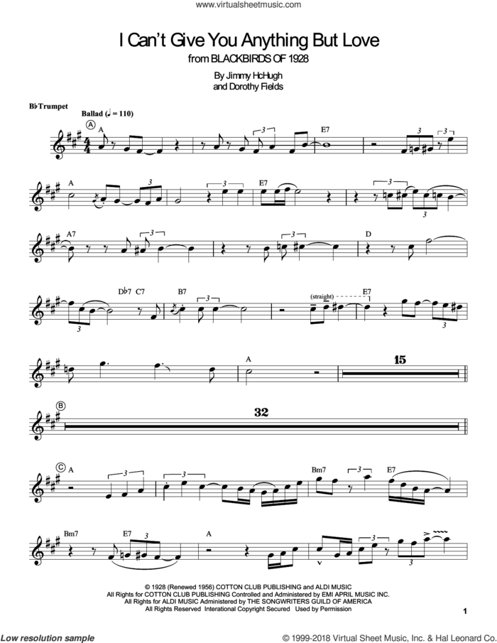 I Can't Give You Anything But Love sheet music for trumpet solo (transcription) by Louis Armstrong, Dorothy Fields and Jimmy McHugh, intermediate trumpet (transcription)