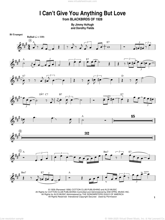 I Can't Give You Anything But Love sheet music for trumpet solo (transcription) by Louis Armstrong, Dorothy Fields and Jimmy McHugh, intermediate trumpet (transcription)