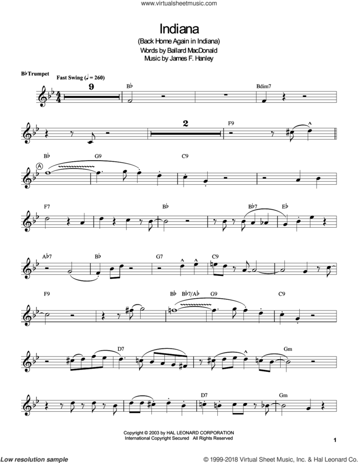 Indiana (Back Home Again In Indiana) sheet music for trumpet solo (transcription) by Louis Armstrong, Ballard MacDonald and James Hanley, intermediate trumpet (transcription)