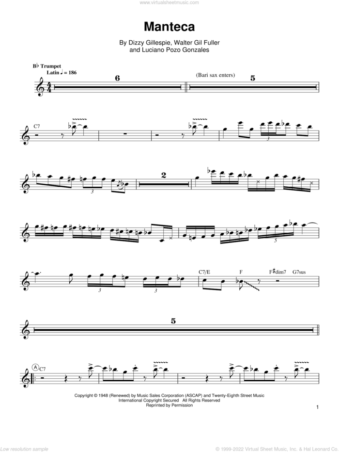 Manteca sheet music for trumpet solo (transcription) by Arturo Sandoval, Dizzy Gillespie and Luciano Pozo Gonzales, intermediate trumpet (transcription)