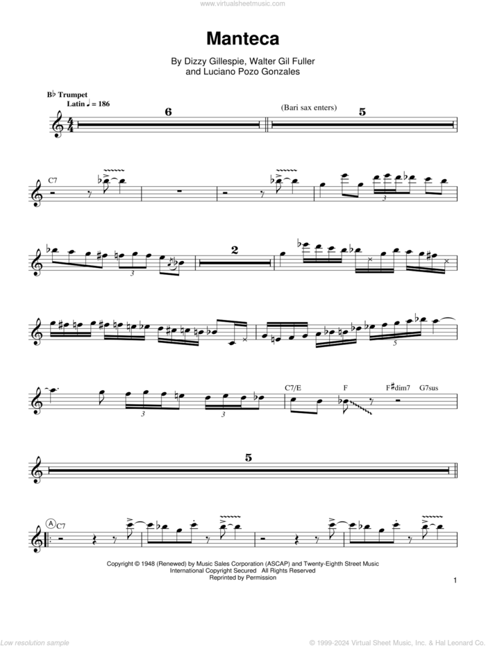 Manteca sheet music for trumpet solo (transcription) by Arturo Sandoval, Dizzy Gillespie and Luciano Pozo Gonzales, intermediate trumpet (transcription)