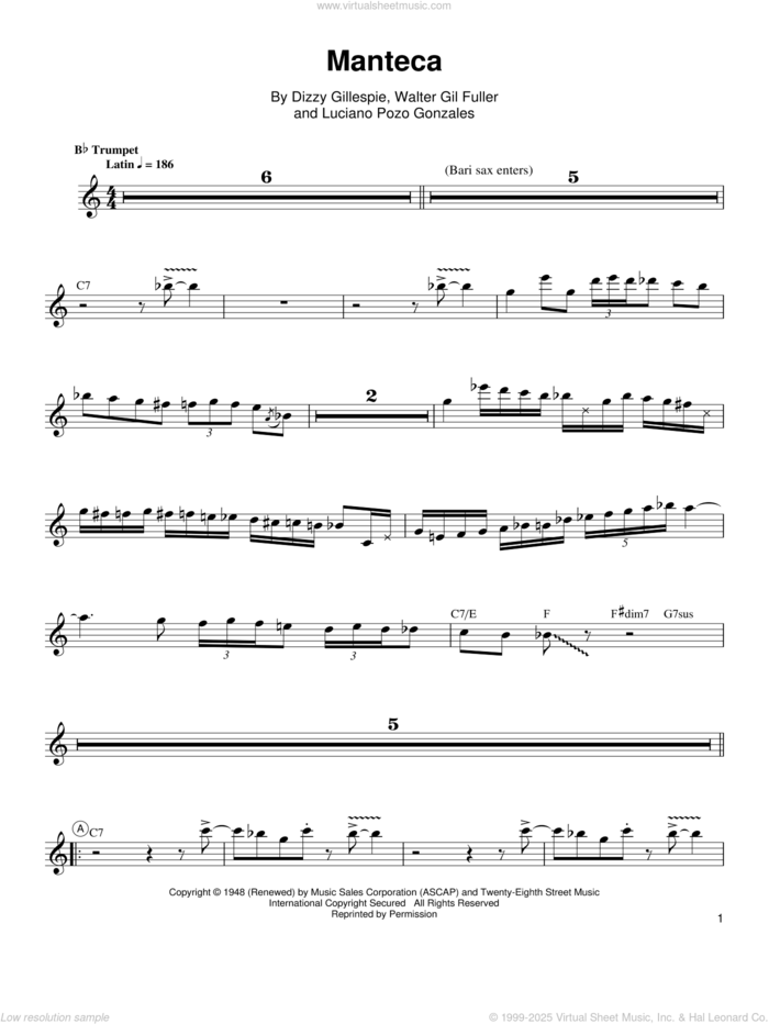 Manteca sheet music for trumpet solo (transcription) by Arturo Sandoval, Dizzy Gillespie and Luciano Pozo Gonzales, intermediate trumpet (transcription)