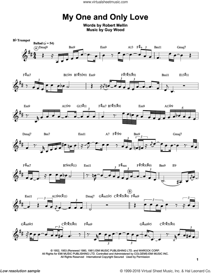 My One And Only Love sheet music for trumpet solo (transcription) by Chris Botti, Guy Wood and Robert Mellin, intermediate trumpet (transcription)
