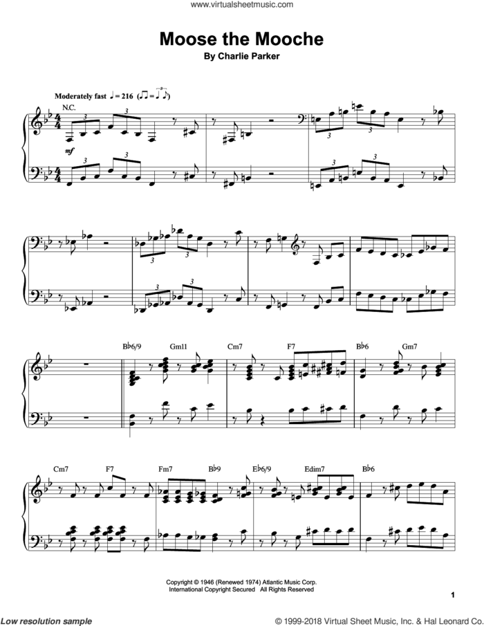 Moose The Mooche sheet music for piano solo (transcription) by Charlie Parker, intermediate piano (transcription)