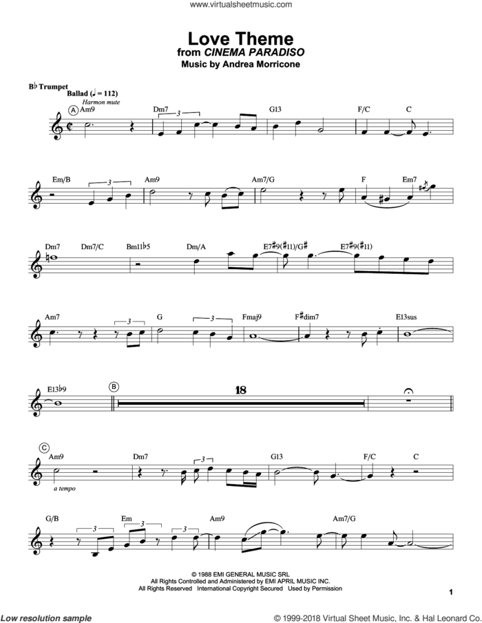 Love Theme (Tema D'Amore) sheet music for trumpet solo (transcription) by Chris Botti, Andrea Morricone and Ennio Morricone, intermediate trumpet (transcription)