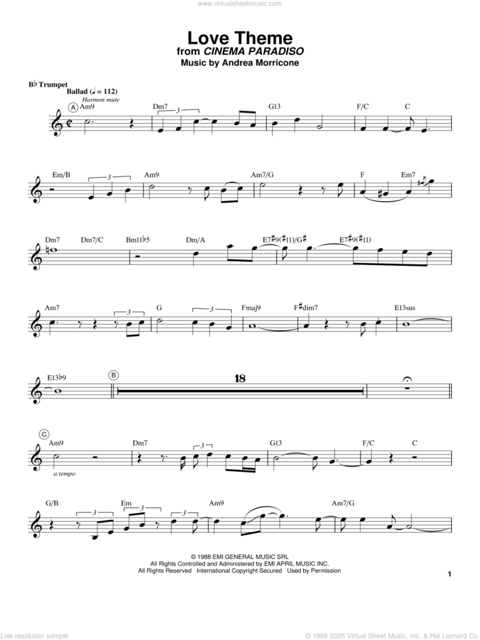 Love Theme (Tema D'Amore) sheet music for trumpet solo (transcription) by Chris Botti, Andrea Morricone and Ennio Morricone, intermediate trumpet (transcription)