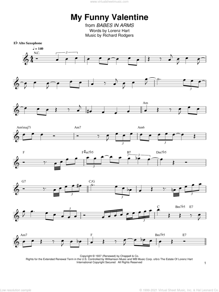 My Funny Valentine sheet music for alto saxophone (transcription) by Bud Shank, Lorenz Hart and Richard Rodgers, intermediate skill level