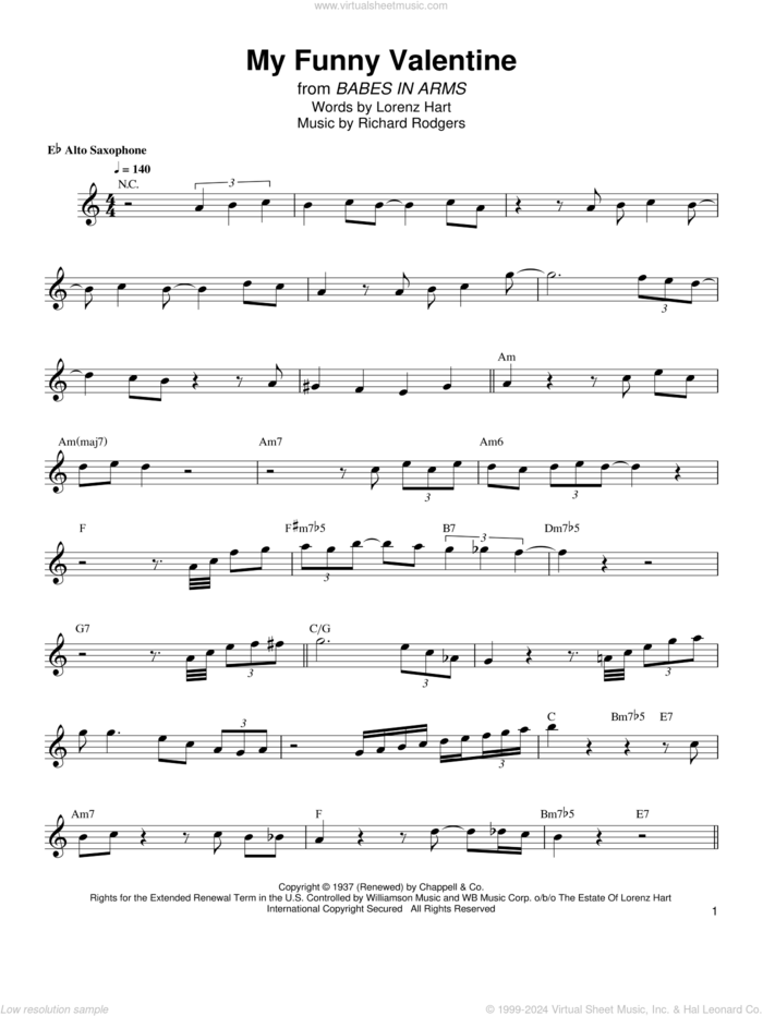 My Funny Valentine sheet music for alto saxophone (transcription) by Bud Shank, Lorenz Hart and Richard Rodgers, intermediate skill level