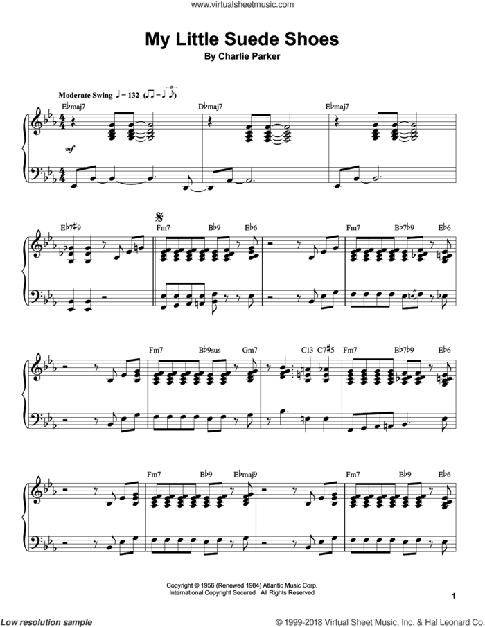 My Little Suede Shoes sheet music for piano solo (transcription) by Charlie Parker, intermediate piano (transcription)