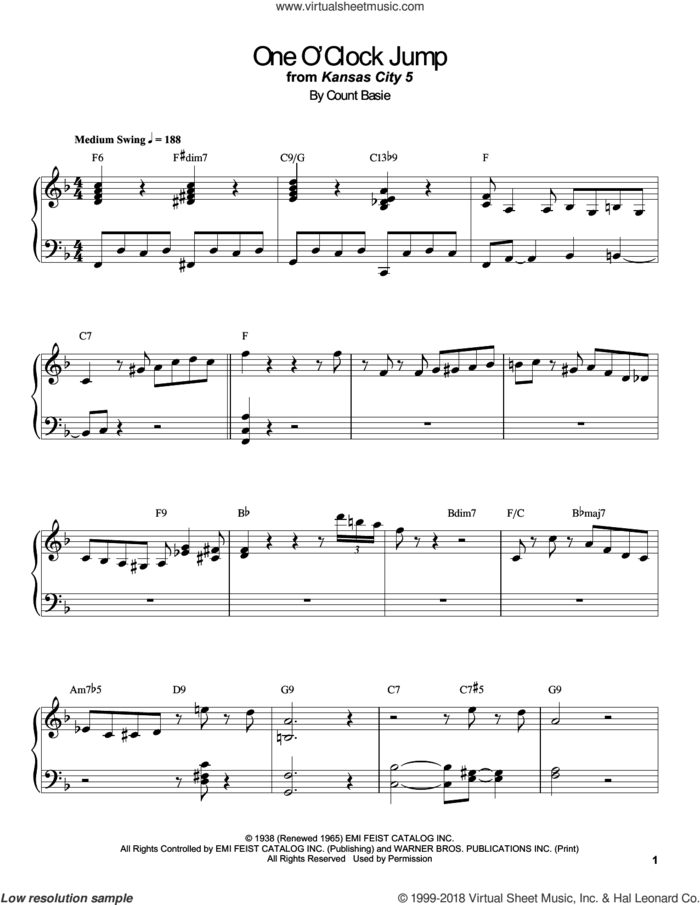 One O'Clock Jump sheet music for piano solo (transcription) by Count Basie, intermediate piano (transcription)